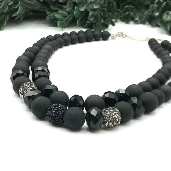 Vintage Black Beaded Necklace With Sparkling Accents & Adjustable Clasp double s - Picture 1 of 4